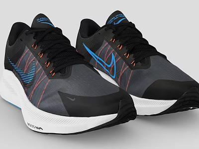 Black And Gray Running Shoes With Blue Orange Stripes And White Sole 3d model