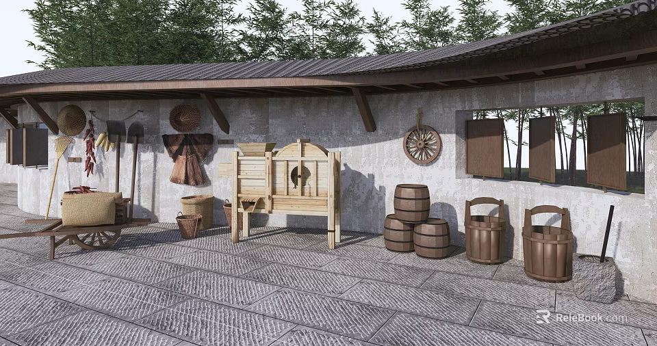 Rustic Stone Background Wall Decorated With Hanging Tools Barrels And Wooden Cart 3d model 
