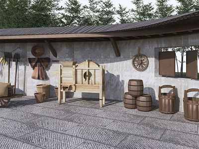 Rustic Stone Background Wall Decorated With Hanging Tools Barrels And Wooden Cart 3d model