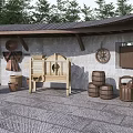 Rustic Stone Background Wall Decorated With Hanging Tools Barrels And Wooden Cart