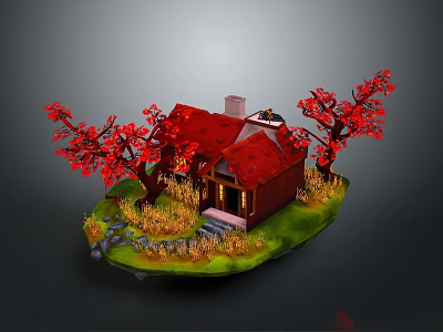 Scenic Miniature Red Roof House With Red Trees Grass And Stone Pathway 3d model