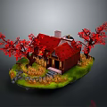 Scenic Miniature Red Roof House With Red Trees Grass And Stone Pathway