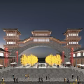 Traditional Chinese Entrance Gate With Archway Red Lanterns Stone Steps And Autumn Trees