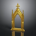 Scenic Golden Gothic Arch With Pointed Spires Decorative Details And Reflection On Black Background