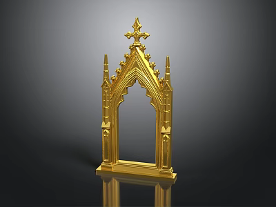Scenic Golden Gothic Arch With Pointed Spires Decorative Details And Reflection On Black Background 3d model