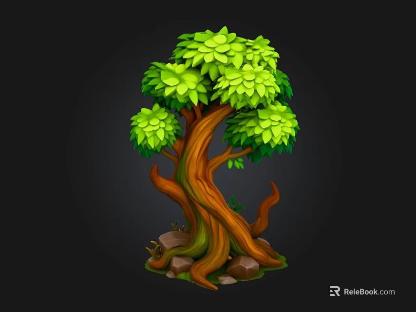 Cartoon Style Arbor With Vibrant Green Leaves Twisted Brown Trunk And Rocks 3d model 