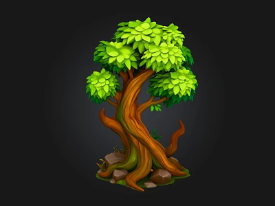 Cartoon Style Arbor With Vibrant Green Leaves Twisted Brown Trunk And Rocks 3d model