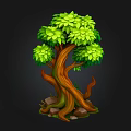 Cartoon Style Arbor With Vibrant Green Leaves Twisted Brown Trunk And Rocks