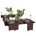 Elegant Dinnerware Set With Plates Wine Glasses Candles Green Plants Fruits And Napkins