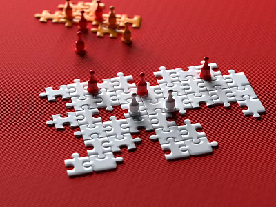 Creative Building Blocks Featuring White Puzzle Pieces And Red Chess Tokens On Red Surface 3d model
