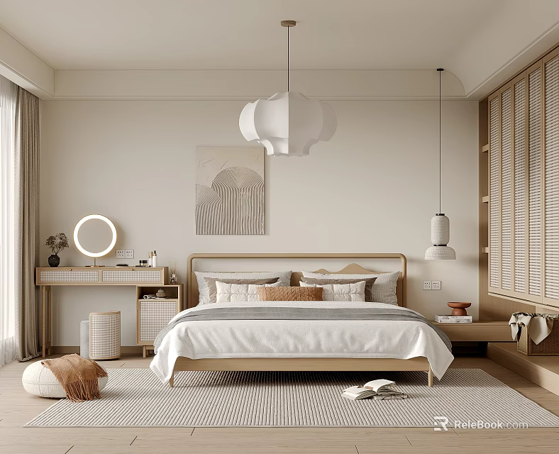 Modern Bedroom Interior Design With White Pendant Light Wooden Slats Dressing Table And Soft Rug 3d model 