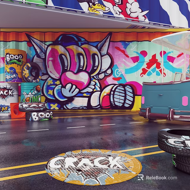 Vibrant Cartoon Themed Graffiti Wall Decor With Large Character Holding Heart 3d model 