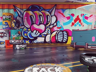Vibrant Cartoon Themed Graffiti Wall Decor With Large Character Holding Heart 3d model