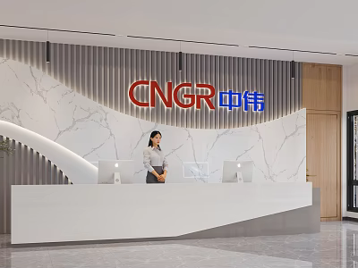 Modern Front Desk Reception With White Counter Marble Wall Red Logo And Computers 3d model