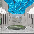 Luxurious Modern Lobby Interior With Blue Wavy Ceiling Circular Water Feature And Marble Walls