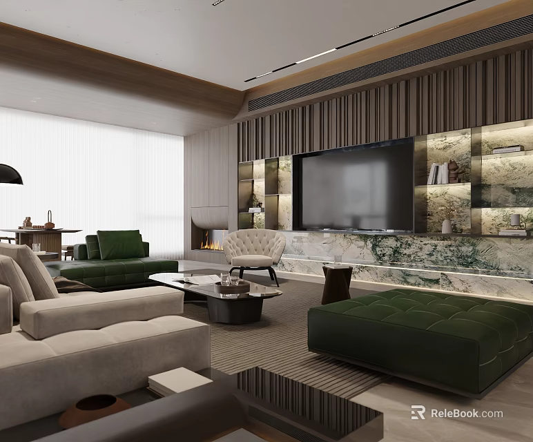 Elegant Modern Living Dining Area With Green Sofa Marble TV Wall And Coffee Table 3d model 