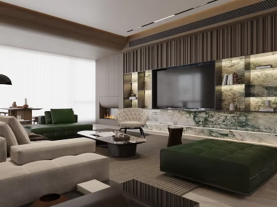Elegant Modern Living Dining Area With Green Sofa Marble TV Wall And Coffee Table 3d model