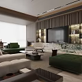 Elegant Modern Living Dining Area With Green Sofa Marble TV Wall And Coffee Table