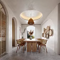 Modern Living and Dining Room with Open Concept Archway Sofa Dining Table and Pendant Lights