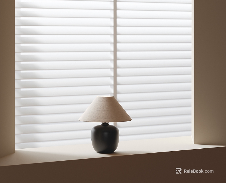 Stylish Black Table Lamp On Window Sill With White Blinds And Natural Light 3d model 