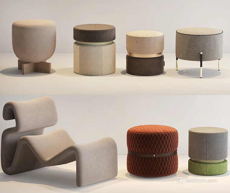 Modern Ottoman Designs With Various Shapes Colors And Fabric Materials 3d model 