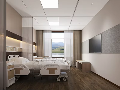 Modern Hospital Outpatient Ward Interior With Wooden Flooring Two Beds TV And Mountain View 3d model