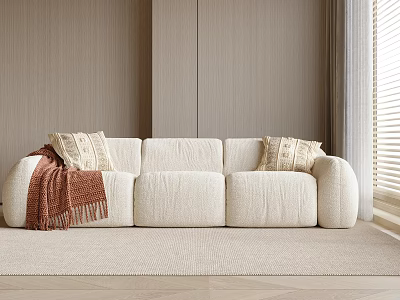 Beige Sectional Sofa With Woven Cushions And Brown Throw Blanket In Light Wooden Room 3d model