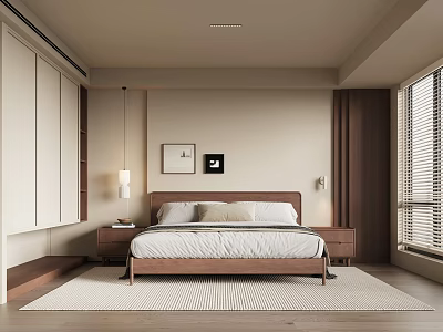 Modern Bedroom Interior Design With Wooden Bed Nightstands Wall Art White Wardrobe And Blinds 3d model