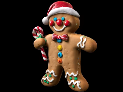 Festive Christmas Gingerbread Man With Santa Hat Candy Cane And Colorful Icing Details 3d model