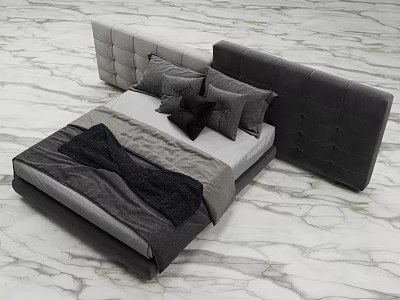 Gray Upholstered Double Bed With Pillows Blanket And Marble Floor In Modern Design 3d model