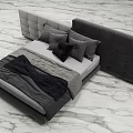 Gray Upholstered Double Bed With Pillows Blanket And Marble Floor In Modern Design