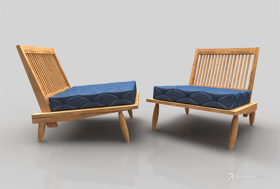 Minimalist Single Sofa With Wooden Frame Slatted Backrest And Blue Cushion 3d model 