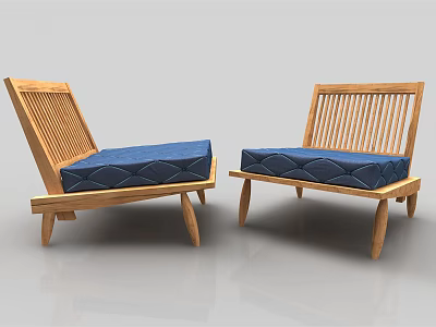 Minimalist Single Sofa With Wooden Frame Slatted Backrest And Blue Cushion 3d model