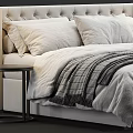 Elegant Modern Double Bed Interior With Soft Linen Bedding Pillows And Black Metal Nightstand