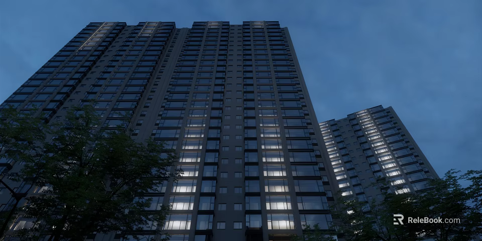 Modern Tall High Rise Apartment Building With Evening Window Lights And Green Trees 3d model 