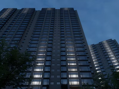 Modern Tall High Rise Apartment Building With Evening Window Lights And Green Trees 3d model