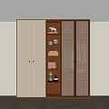 Modern Wardrobe with White Cabinet Doors Wooden Shelves Lighting and Perforated Panel Doors Decorative Items