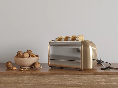 Golden Toaster Kitchen Appliance on Wooden Countertop with Bowl of Walnuts 3d model