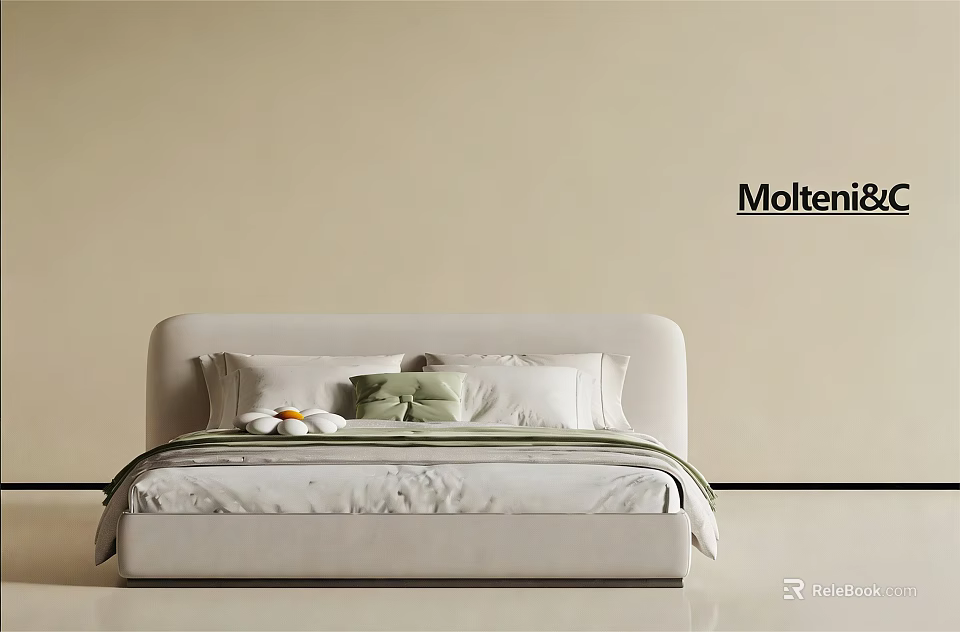Modern Simple Children's Bed With White Headboard And Green White Pillows On Beige Wall 3d model 