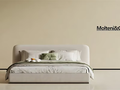 Modern Simple Children's Bed With White Headboard And Green White Pillows On Beige Wall 3d model