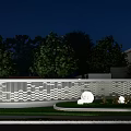 Illuminated Feature Wall With Wavy Pattern And Glowing Spheres In Night Landscape