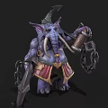 Purple Elephant Character In Decorative Armor Holding Weapon And Barrel With Chains