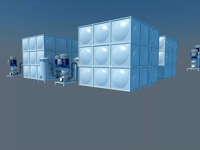 Large Blue Square Industrial Water Storage Tanks With Side Pumps Equipment 3d model