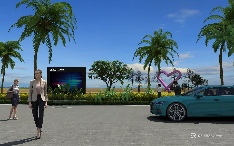 Woman Walking By City Park Screen With Palm Trees Heart Decoration Blue Car Green Plants 3d model 