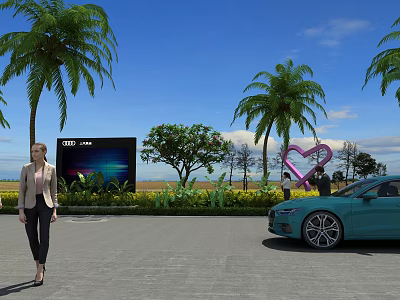Woman Walking By City Park Screen With Palm Trees Heart Decoration Blue Car Green Plants 3d model