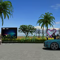 Woman Walking By City Park Screen With Palm Trees Heart Decoration Blue Car Green Plants