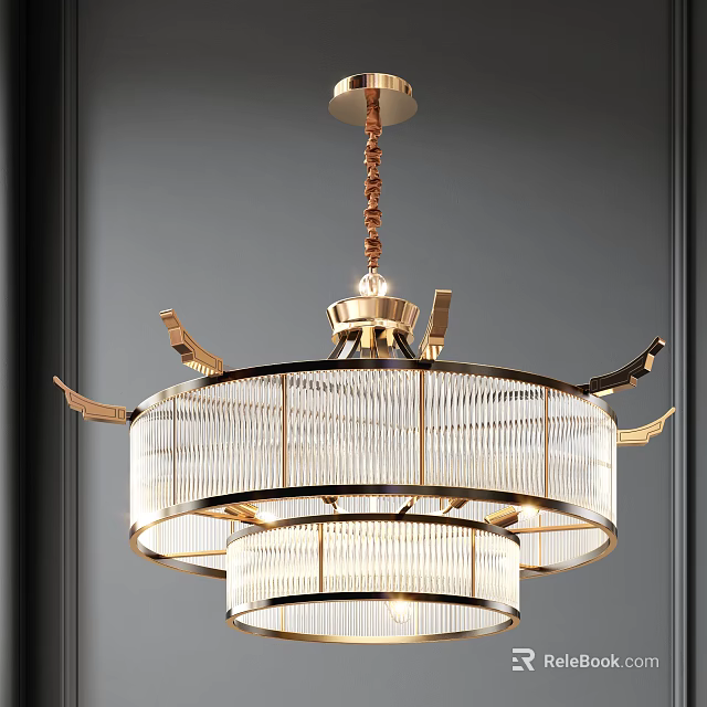 Elegant Chinese Chandelier with Golden Frame and Layered Crystal Shades 3d model 