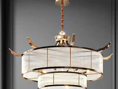 Elegant Chinese Chandelier with Golden Frame and Layered Crystal Shades 3d model