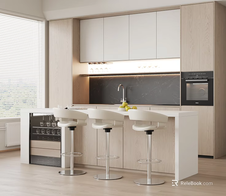 Modern Restaurant Kitchen Interior With Island Counter White Cabinets And Bar Stools 3d model 
