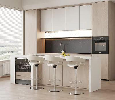 Modern Restaurant Kitchen Interior With Island Counter White Cabinets And Bar Stools 3d model